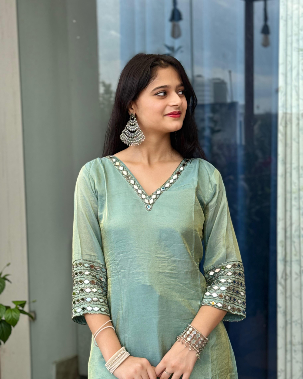 TANRAAYA Sea green Asymmetrical Kurta Sharara Set  with Mirror work on  V-neck and sleeves . - Image 3