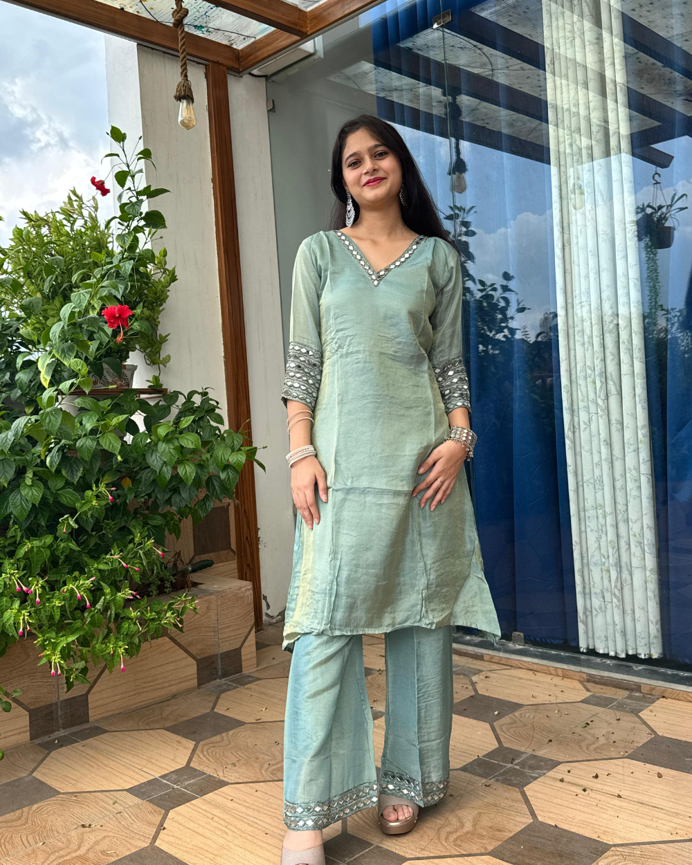TANRAAYA Sea green Asymmetrical Kurta Sharara Set  with Mirror work on  V-neck and sleeves . - Image 4