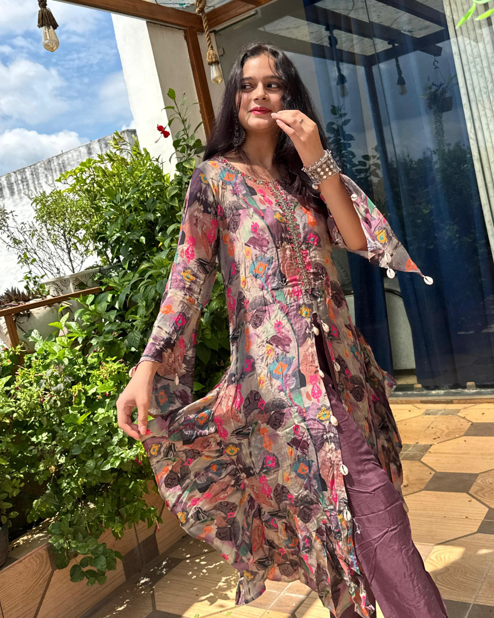 TANRAAYA Mulberry Printed Asymmetrical Kurta Set with Shells - Image 4