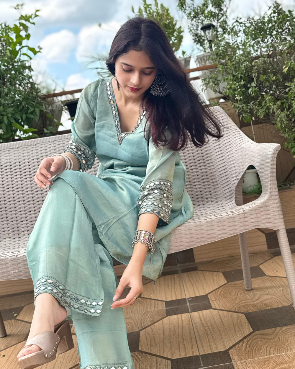 TANRAAYA Sea green Asymmetrical Kurta Sharara Set  with Mirror work on  V-neck and sleeves . - Image 5