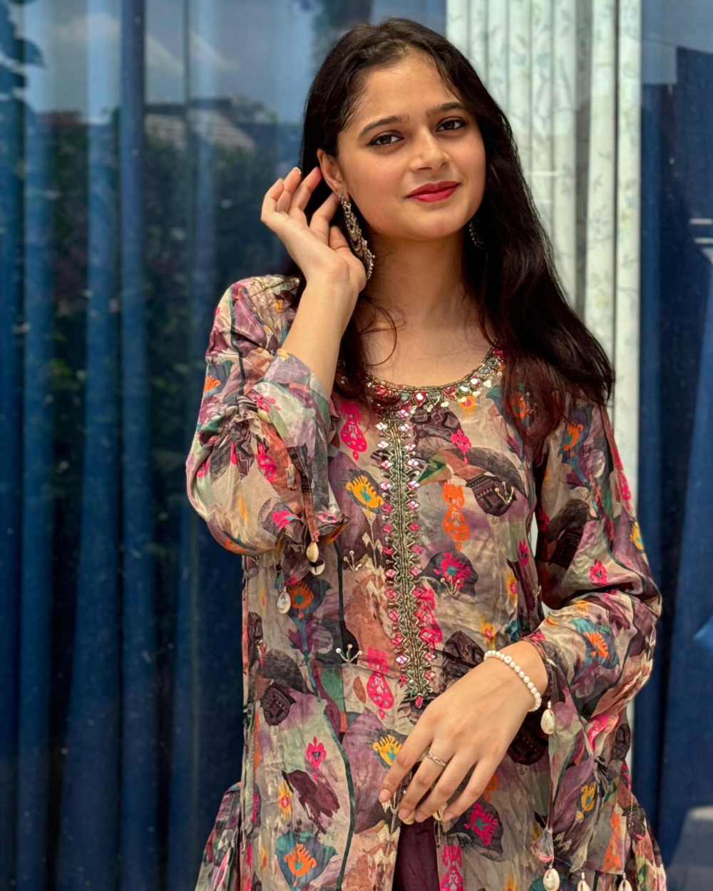 TANRAAYA Mulberry Printed Asymmetrical Kurta Set with Shells - Image 5