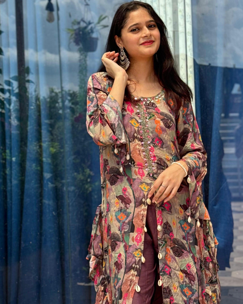 TANRAAYA Mulberry Printed Asymmetrical Kurta Set with Shells - Image 6