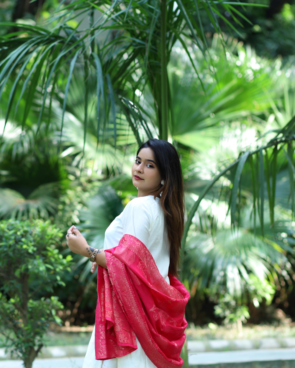 TANRAAYA White Kurta Set with  Embroidery on neck and Banarasi Dupatta - Image 3