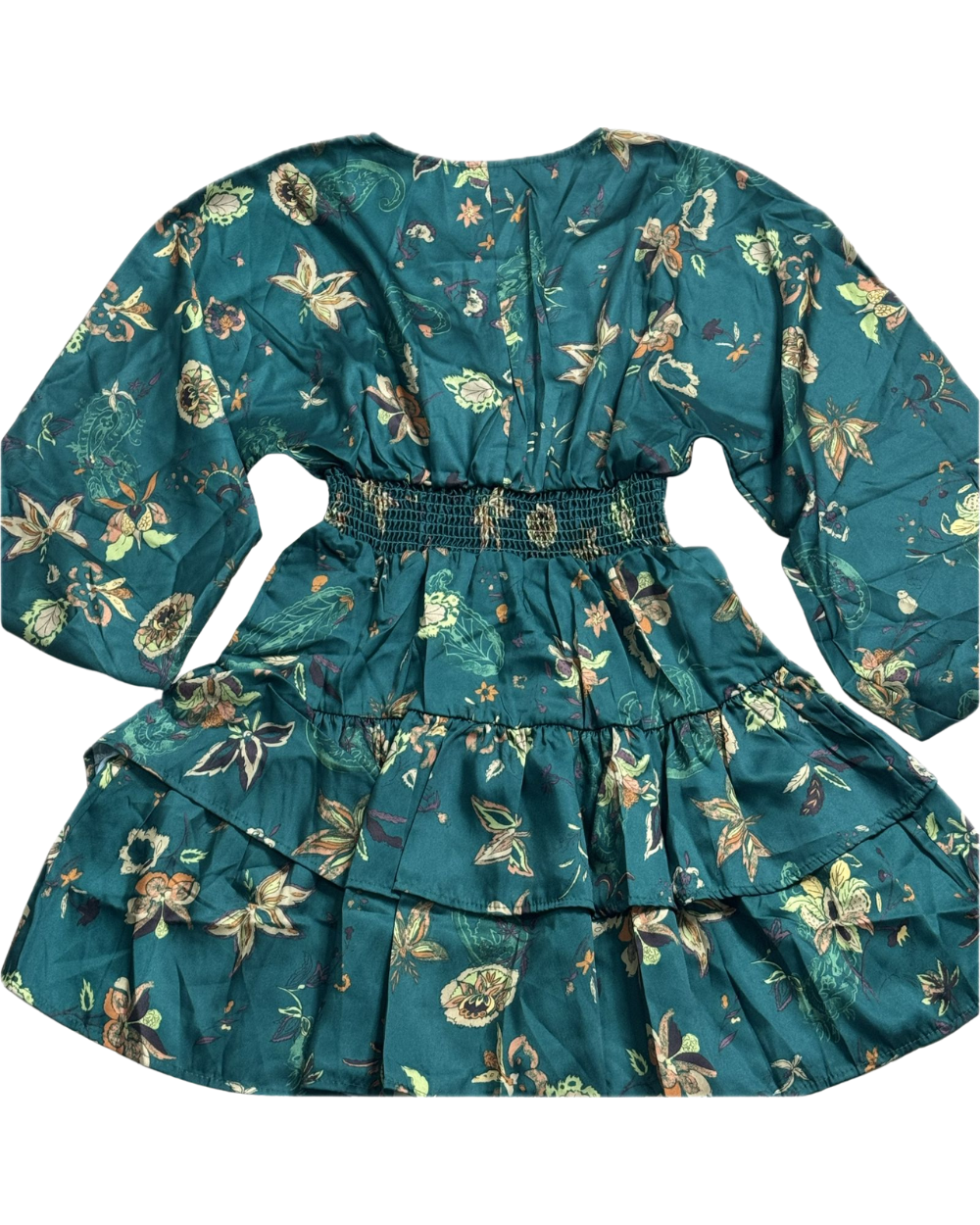 TANRAAYA Sea Green Floral Print Short Dress with V neck - Image 3