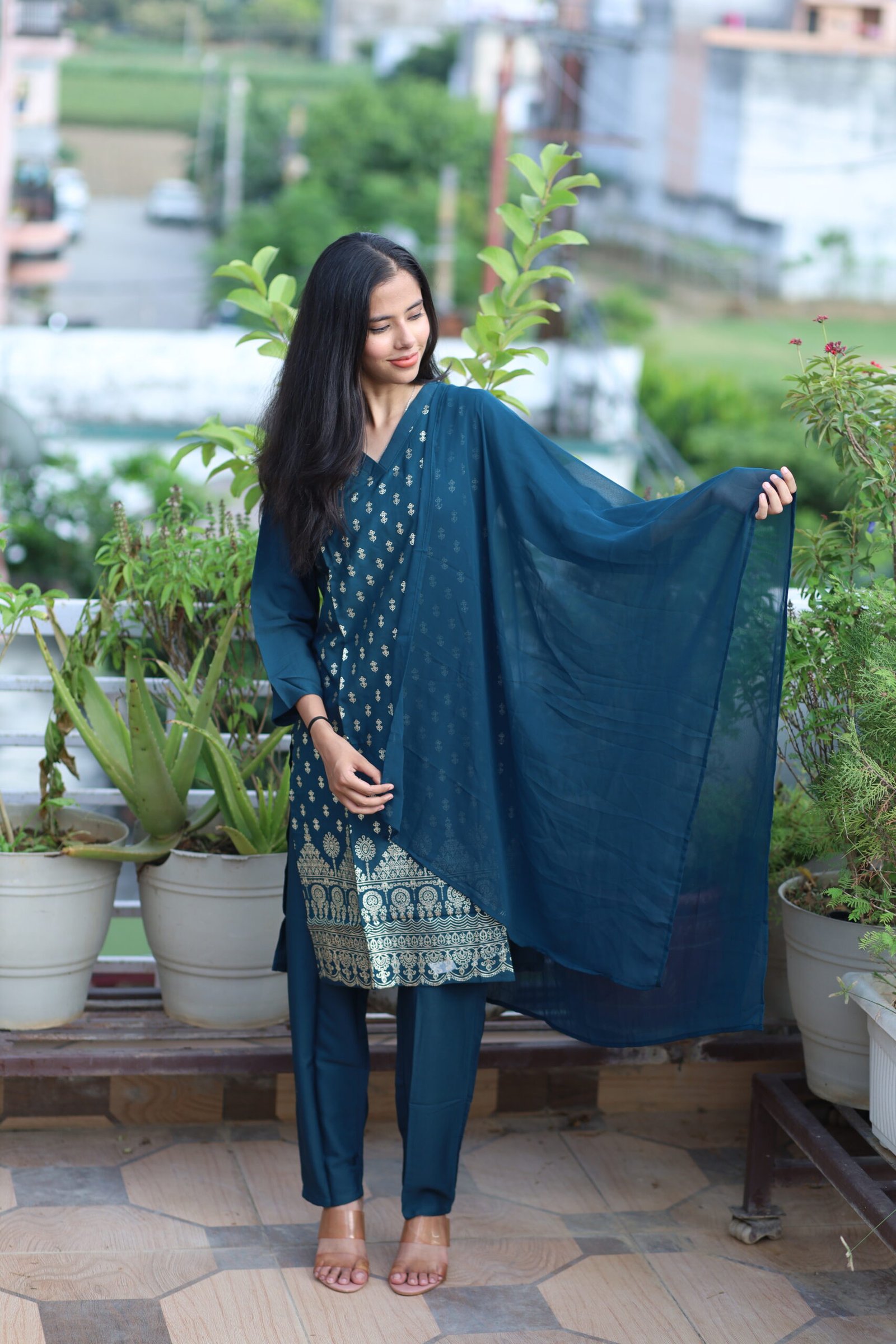 TANRAAYA Dark Teal Kurta Set with Plain Dupatta