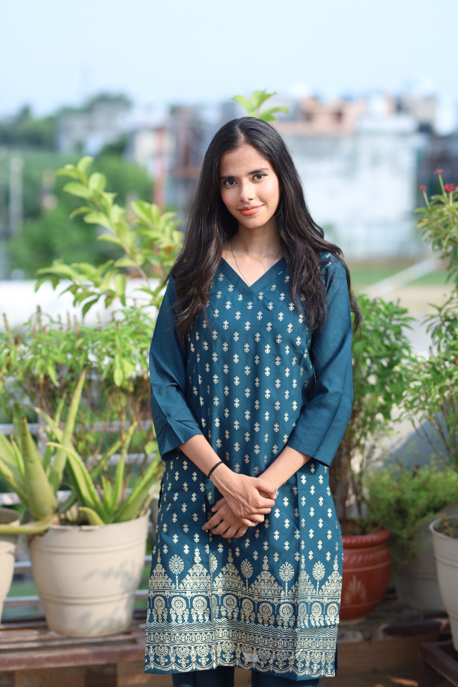 TANRAAYA Dark Teal Kurta Set with Plain Dupatta - Image 3