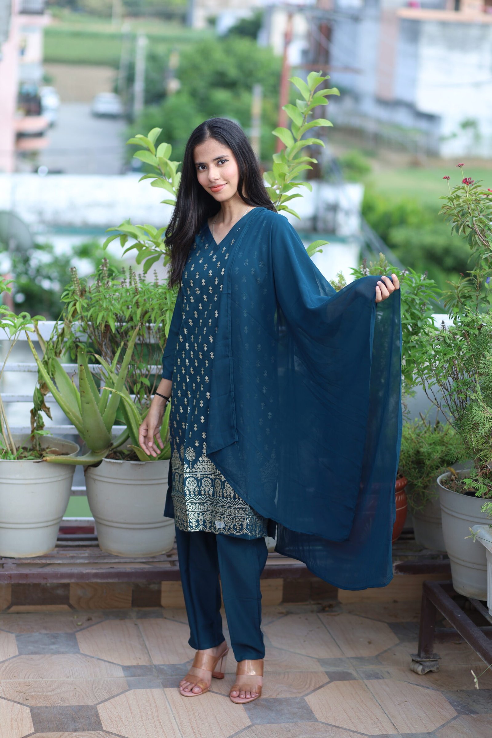 TANRAAYA Dark Teal Kurta Set with Plain Dupatta - Image 5