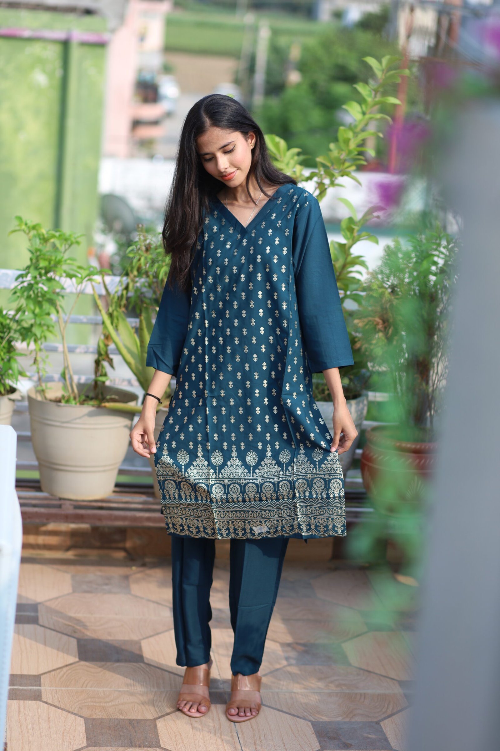 TANRAAYA Dark Teal Kurta Set with Plain Dupatta - Image 2